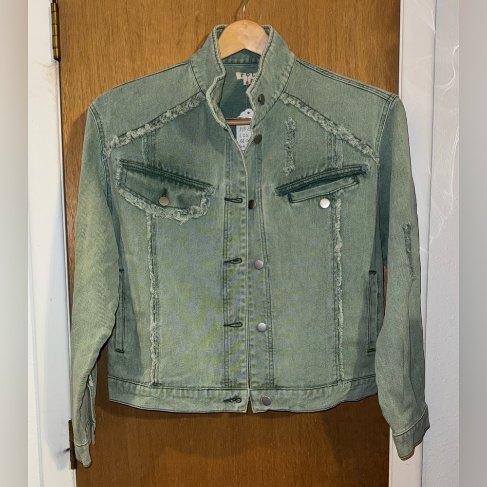 POL Sea-foam Green Denim Jacket, Lace Accent Back Detail, Size S